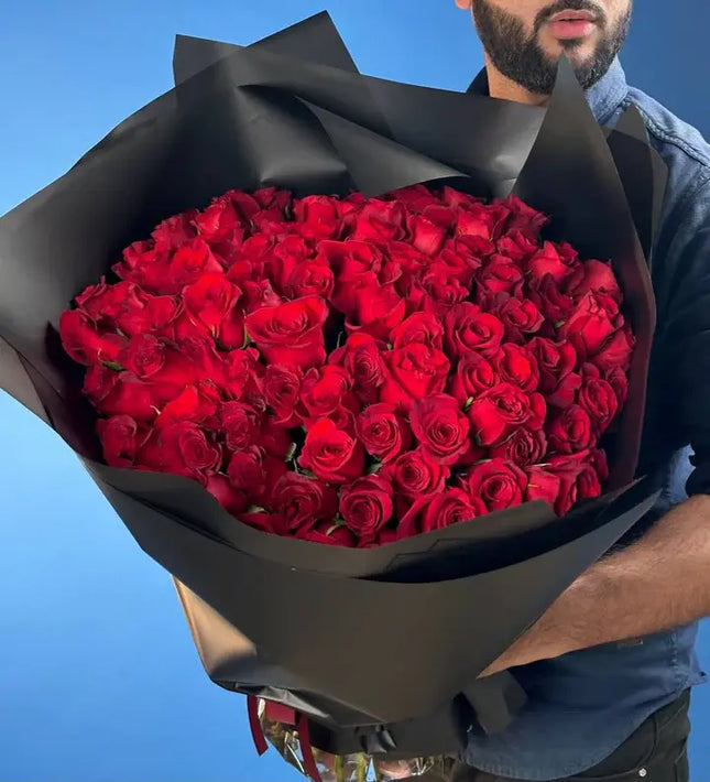 100 Premium Roses Black Wrapped Bouquet  Red Roses Gift Flower Delivery Dubai