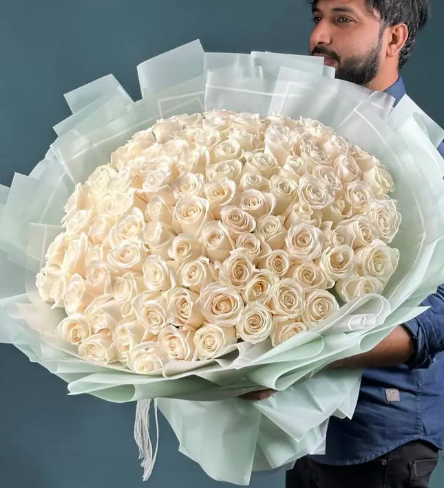 101 Premium Roses – Elegant Flower Bouquet  White Wrap Dubai Delivery