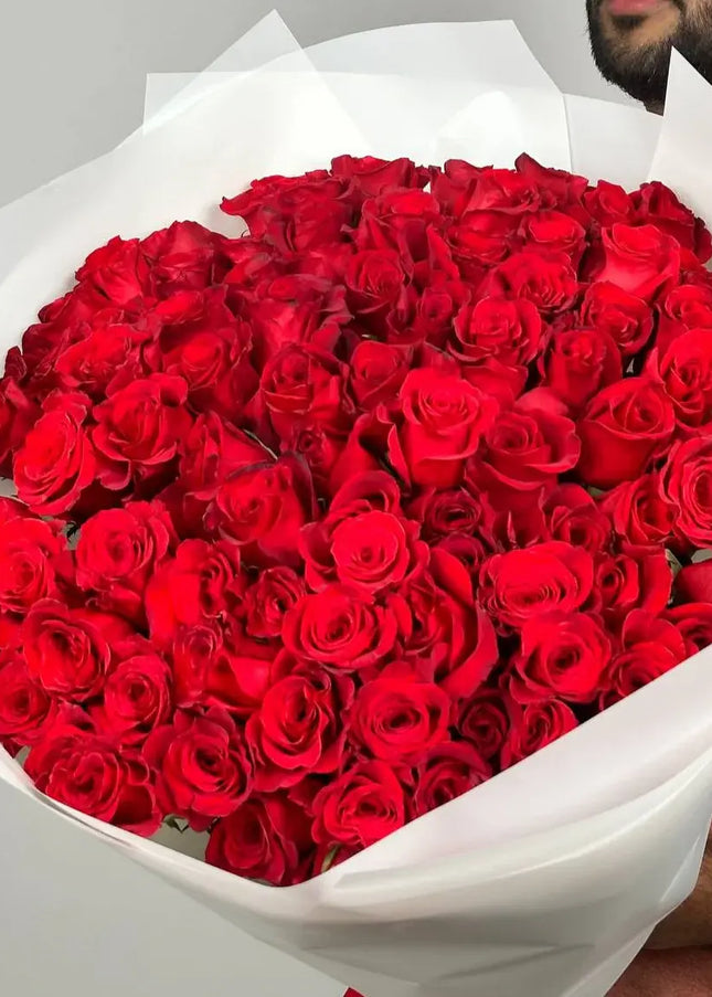 101 Premium Roses – White Wrapped Bouquet  Red Valentine's Gift  Florist UAE