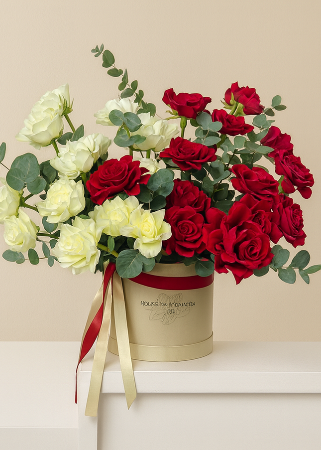 Cherry Dark Red Velvet Roses White Flowers | Flower Shop Online Order