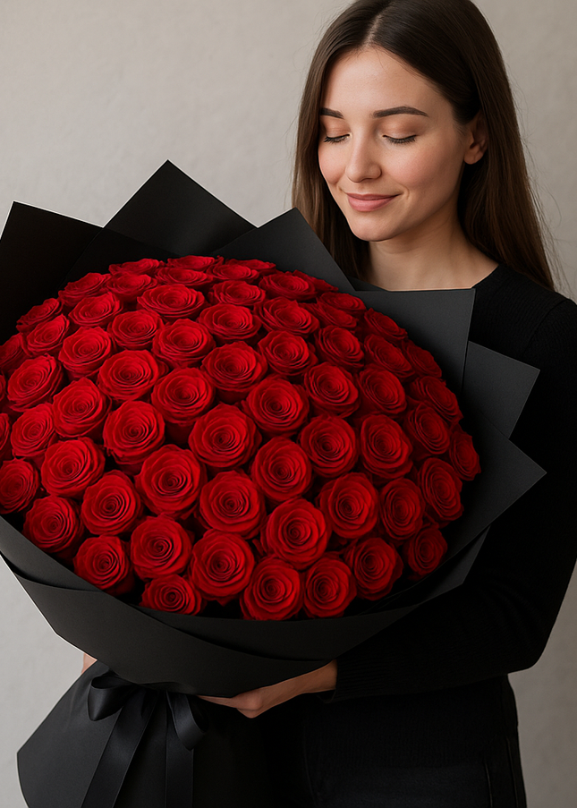 100 Premium Roses Bouquet with Black Wrapping | Luxury Flower Gifts UAE