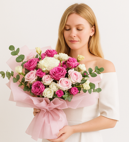Pretty & Pink – Roses, Bouquet  | Anniversary Flower Gift Dubai