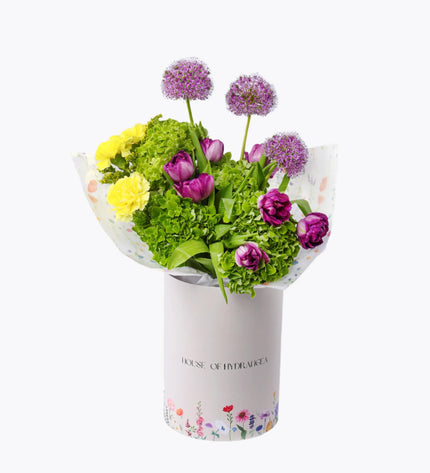 Mothers Day Special Green Box Hydrangeas Purple Tulips Green