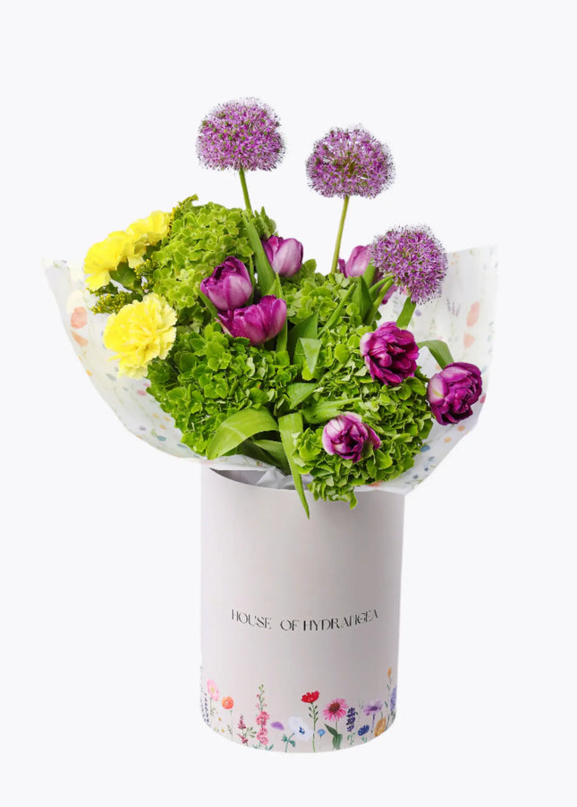 Mothers Day Special Green Box Hydrangeas Purple Tulips Green