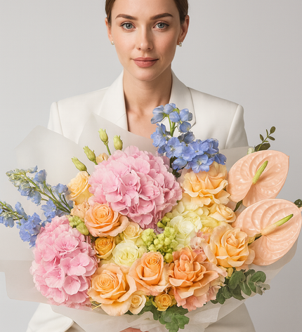 sabrina white peach roses delphinium cheap flowers delivery dubai