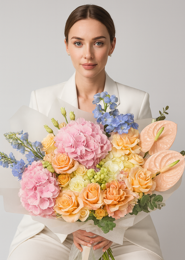 sabrina white peach roses delphinium cheap flowers delivery dubai