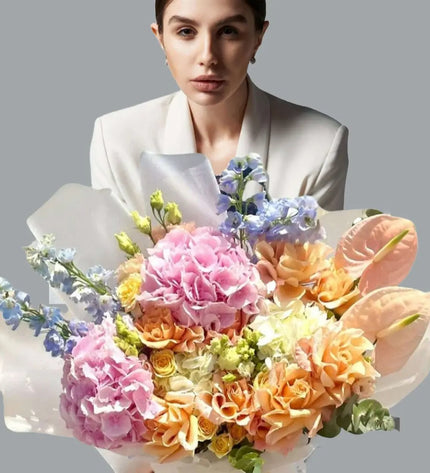Serenity Peach & Blue Flowers Hydrangeas & Delphinium  Flower Arrangement Dubai