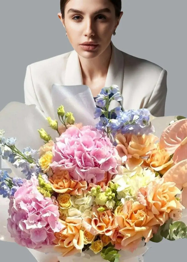 Serenity Peach & Blue Flowers Hydrangeas & Delphinium  Flower Arrangement Dubai