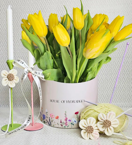 Spring Tulips Yellow Flowers Awakening Hat Box  Fresh Flowers Roses florist
