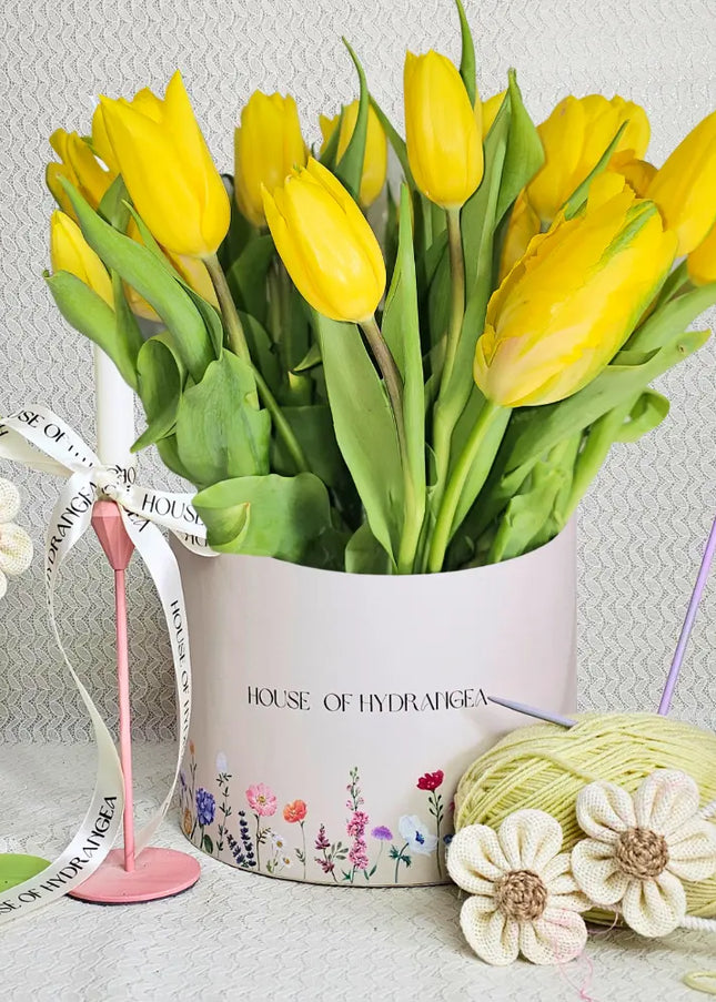 Spring Tulips Yellow Flowers Awakening Hat Box  Fresh Flowers Roses florist